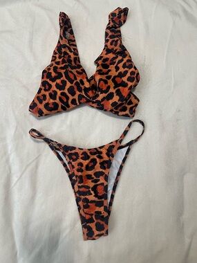 SHEIN Orange & Black Leopard Print Bikini Set